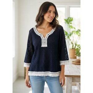 Alfred Dunner Navy Blue Crochet Lace Fringe Tunic Top XL 3/4 Sleeve Boho